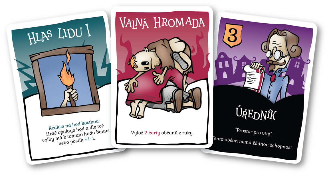 Přehled karet s ikonami rolí jako Morový doktor a Šlechtična.